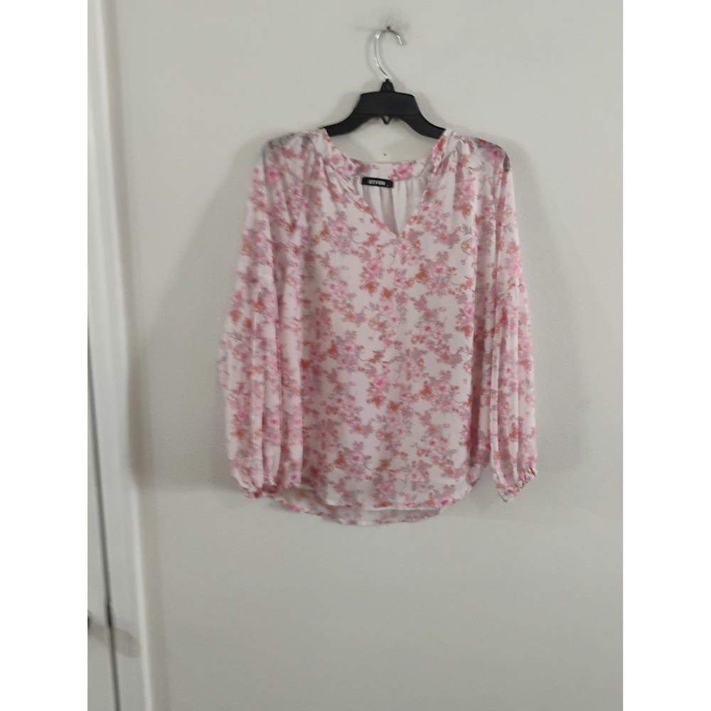 BTFBM Womens Floral V Neck Blouse Pink Orange Balloon Sleeve Top Small